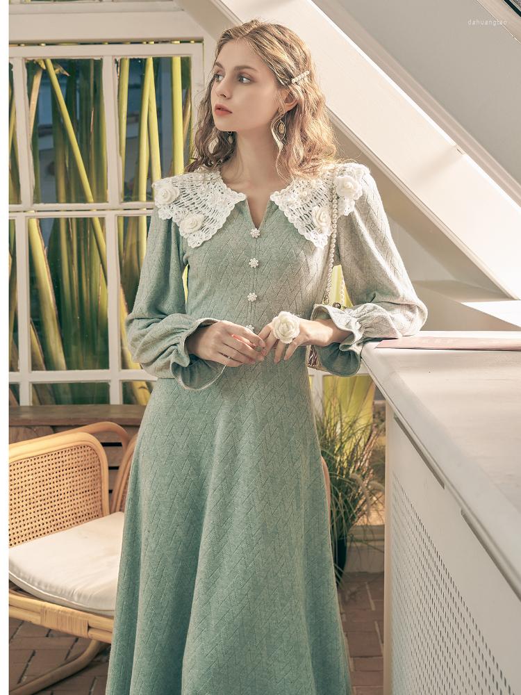 

Casual Dresses AIGYPTOS Fall Long Sleeve Dress Women Vintage Elegant Beading Crochet Flower Collar Knitted Hepburn Small Black