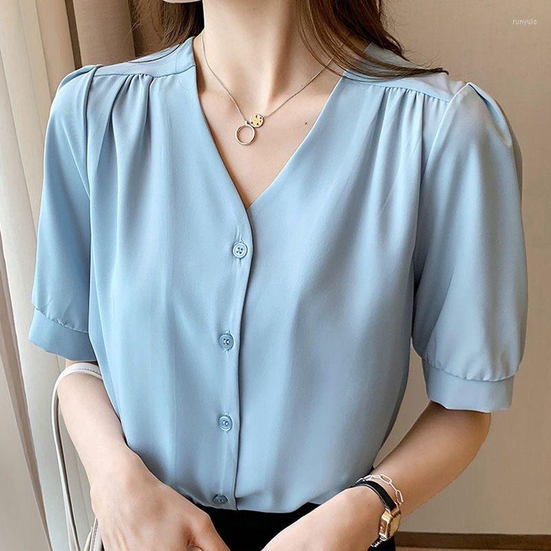 

Women' Blouses Woman Summer Style Tops Lady Casual Short Lantern Sleeve V-Neck Solid Color Blusas ZZ1507, Beige