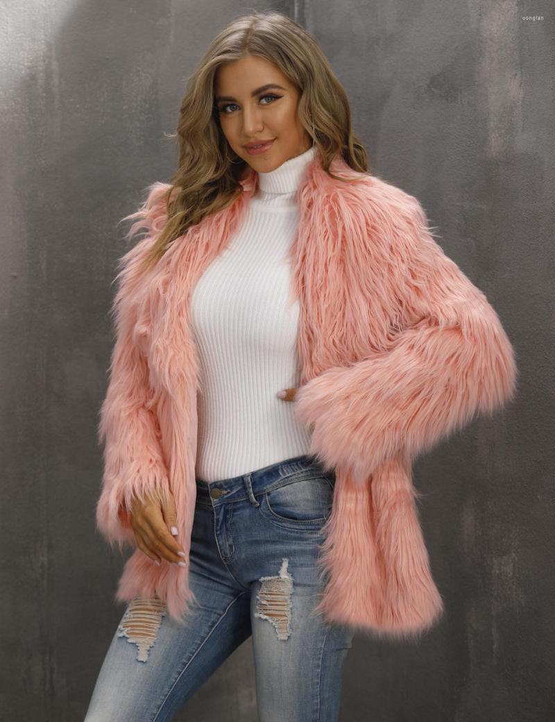 

Women' Fur OUSLEE Winter Thicken Warm Coat Female Long Sleeve Solid Jackets Autumn Office Lady Elegant Faux Coats Fashionable, Skin pink
