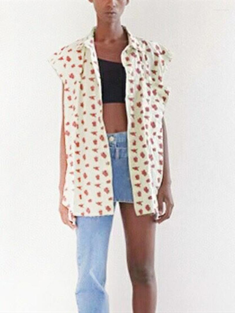 

Women' Blouses Romantic Rose Printed Women' Shirt Top 2022 Cotton Sleeveless Turn-down Collar Female Summer Elegant Loose Blouse