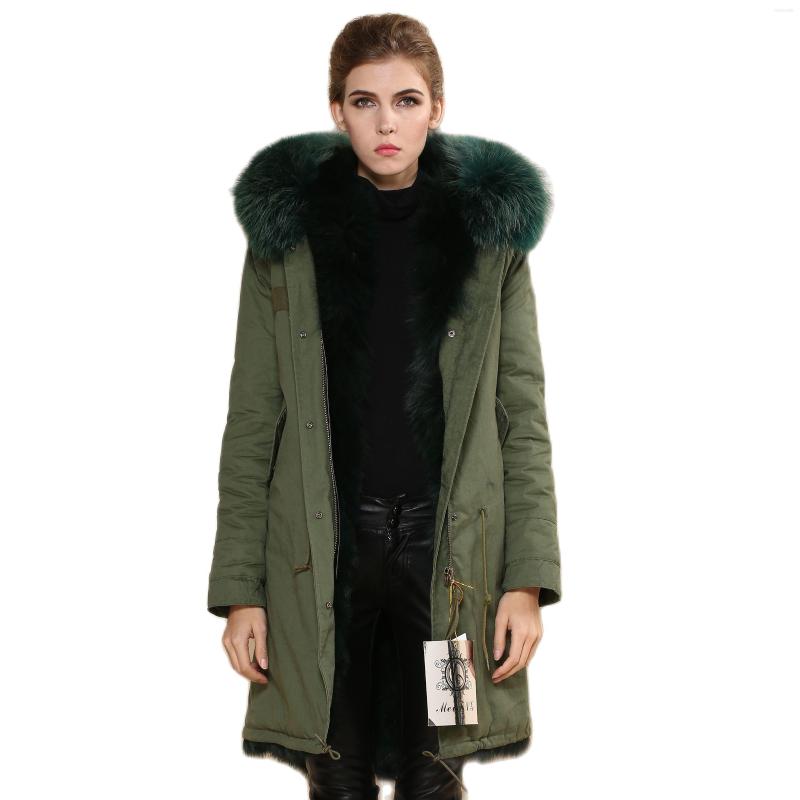 

Women' Fur Winter Ladies Europe Cotton Parka With Real Warm Green Fishtail Jacket, Army green