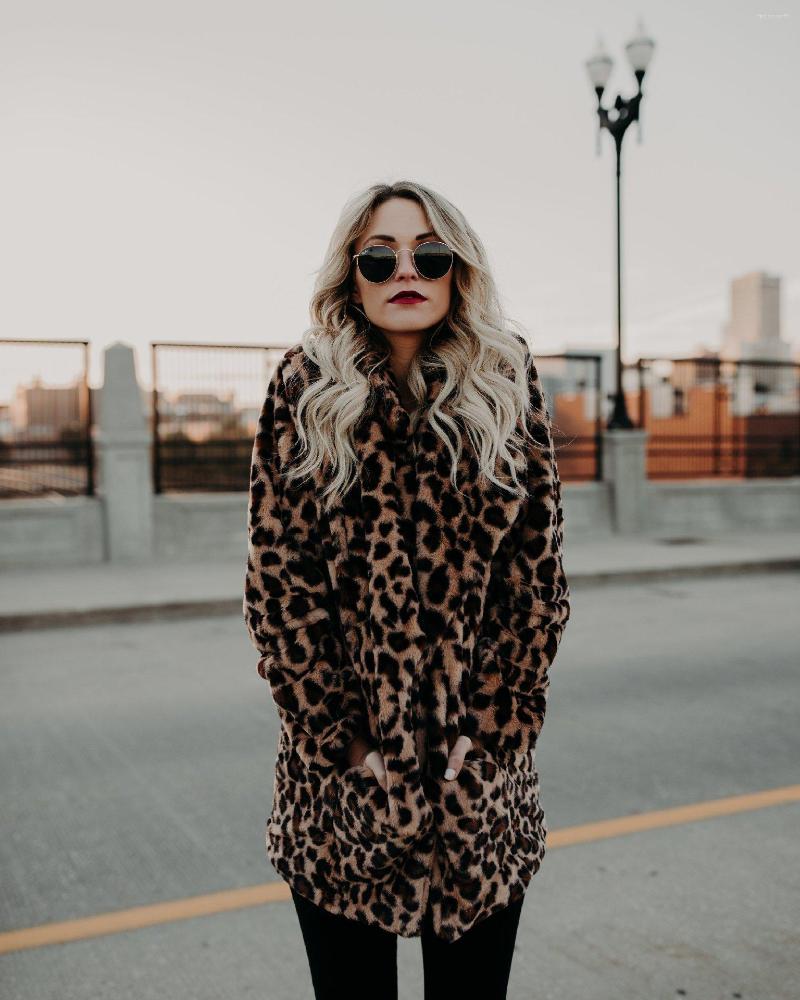 

Women' Fur European And American Fashion Versatile Lapels Leopard Print Imitation Coat Mid-length Long-sleeved Women, Chocolate