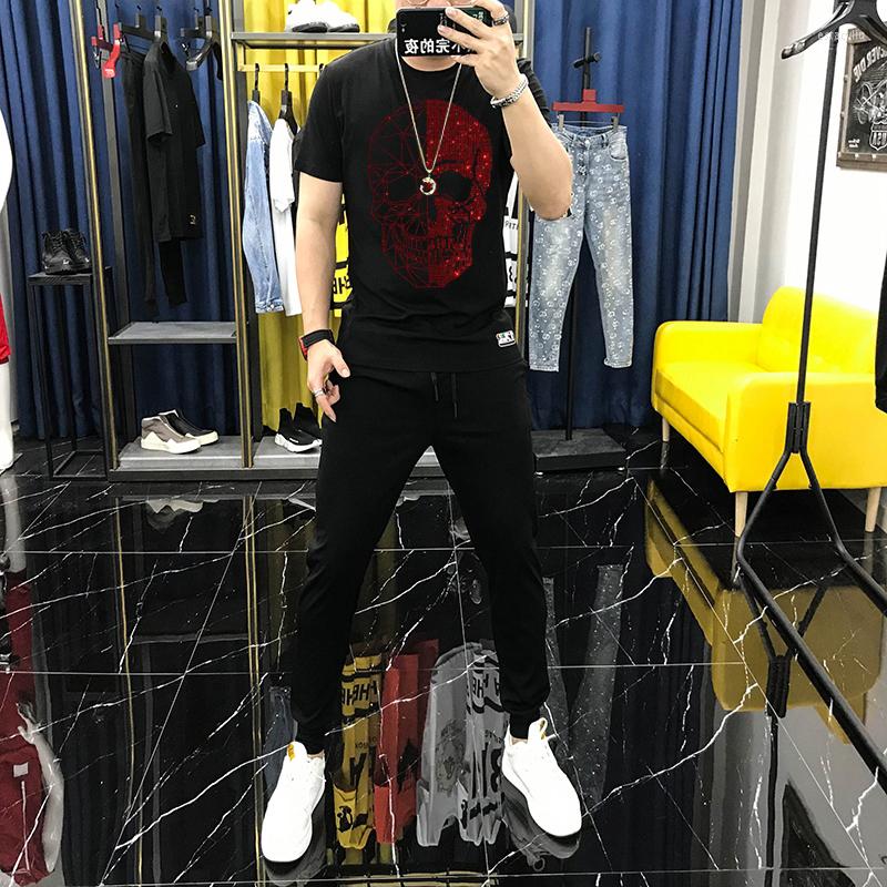 

Men's Tracksuits Men's T-Shirt O-Neck Tight Fit Summer Jogger Tracksuit Lightweight Soft Skull Diamond Sets Short Sleeve, As shown asian size