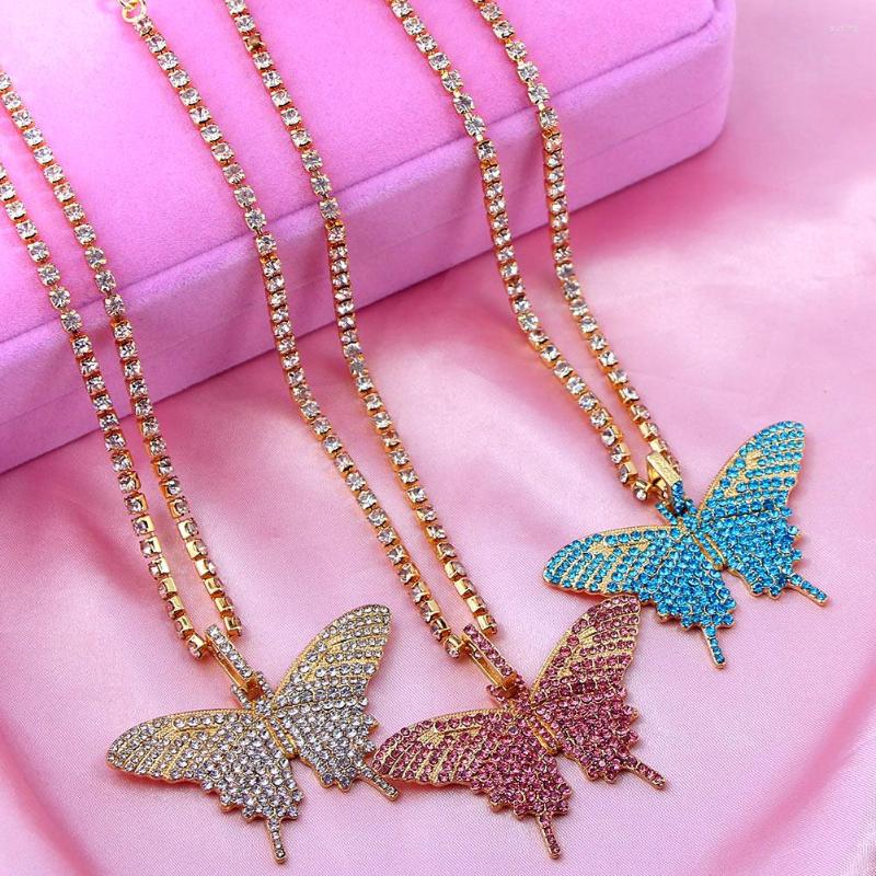 

Chains JJFOUCS Bling 4 Color Rhinestone Big Butterfly Pendant Necklace For Women Crystal Tennis Chain Choker Statment Jewelry