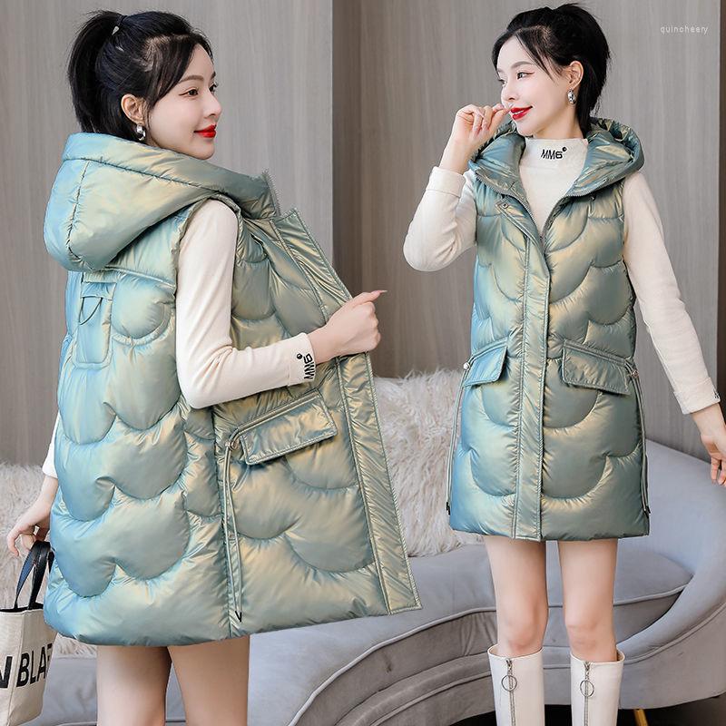 

Women's Vests 2022 Down Cotton Vest Female Mid-Length Winter Jacket Ladies Casual Waistcoat With Hooded Black Q157