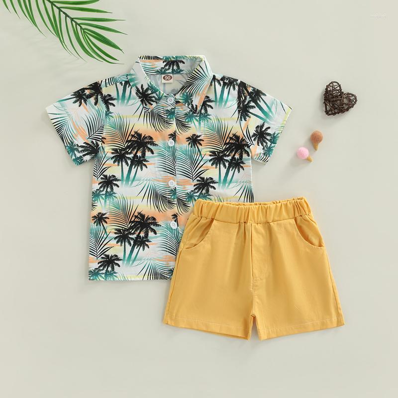 

Clothing Sets Toddler Kid Boys Summer Clothes Gentlemen Outfits Lapel Buttons Coconut Tree Short Sleeve Shirts Solid Color Shorts Beach Set, Blue