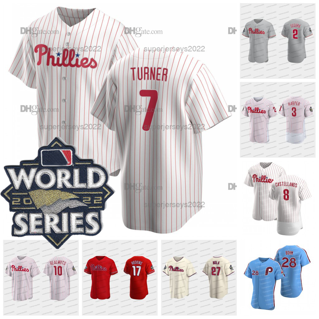 

7 Trea Turner Phillies 2022 World Series Jerseys 3 Harper 17 Rhys Hoskins Kyle Schwarber J.T. Realmuto Nick Castellanos Alec Bohm Jean Segura Bryson Stott Aaron Nola, White youth s-xl