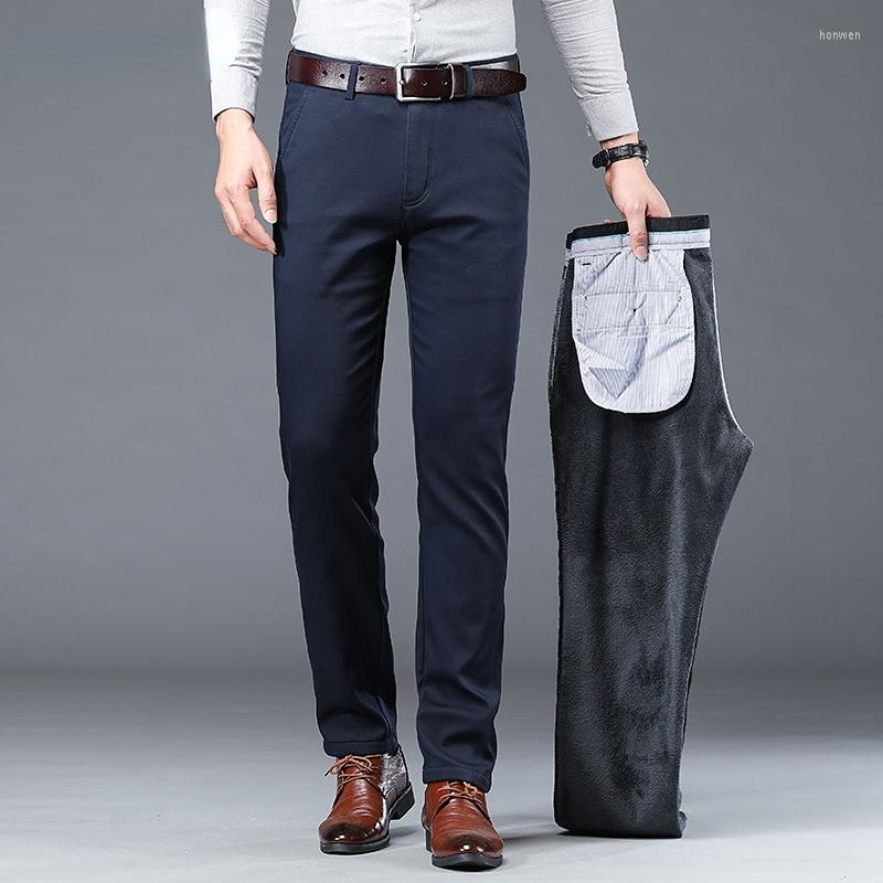 

Men's Pants 2022 Winter Warm Fleece Liner Men's Social Casual Brushed Slim Business Thicken Outdoors Elegant Formal Trousers, Black