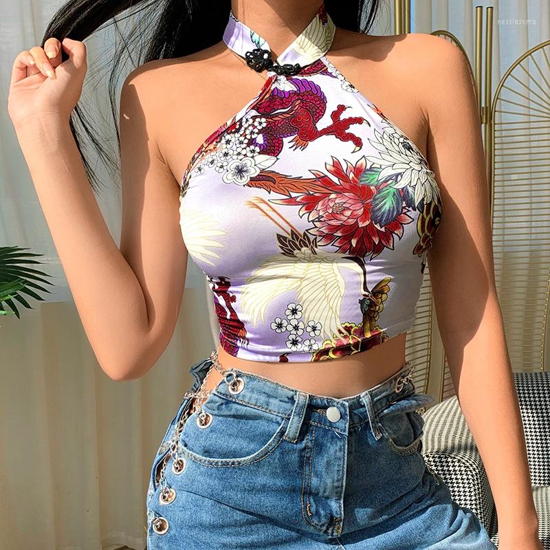 

Women' Tanks Women Halter Tank Dragon Print Chinese Knot Irregular Cheongsam Style Off Shoulder Sexy Tops 2022 Summer Fashion Clothing, Black