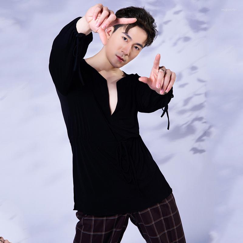 

Stage Wear Latin Dance Tops Men'S Long-Sleeved V-Neck Loose Top National Standard Training Shirts DQS8729, Black