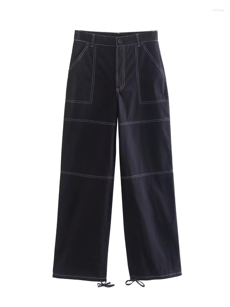 

Women's Pants Women 2022 Fashion Front Pockets Contrast Topstitching Cargo Vintage High Waist Zipper Female Trousers Streetwear, Picture shown
