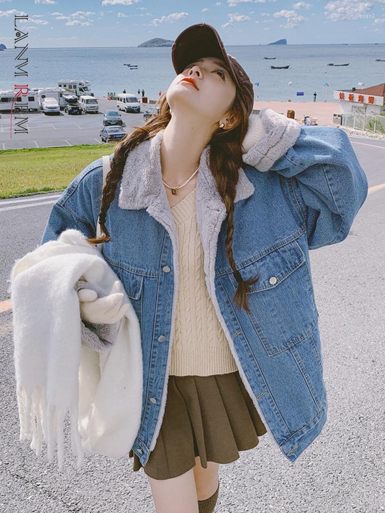 

Women' Fur LANMREM Spliced Double-faced Outwer For Women Lapel Pockets Single Breasted Long Sleeve Coat 2022 Winter Autumn 2L2126, Blue