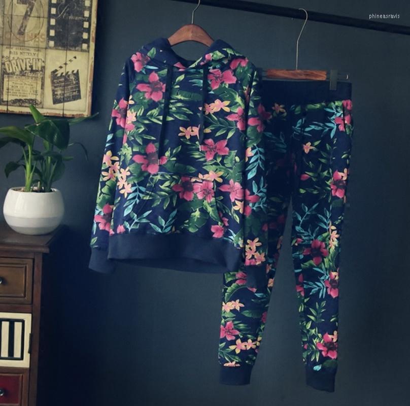 

Women's Two Piece Pants Chinese Style Hooded Loose Sweater Sets Women Autumn Fashion Big Flower Print Long Casual Set Top And