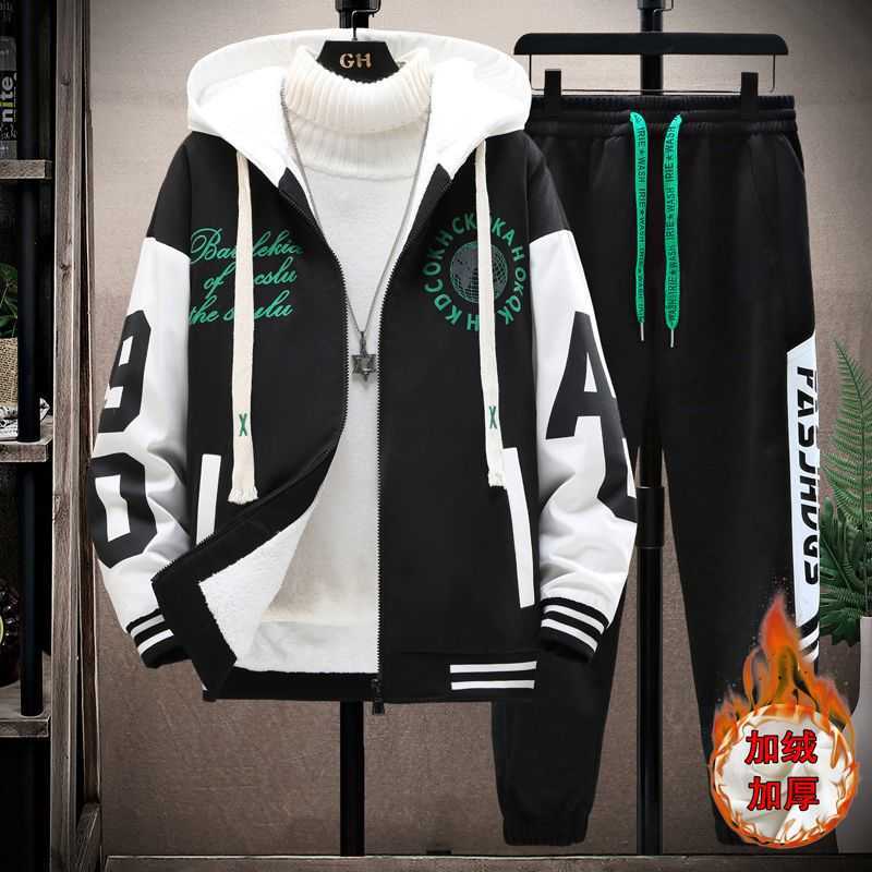 

Designer's new two-piece youth plush thickened cardigan sweater winter coat baseball jacket women's hooded cardigan, Black green plush top 6639