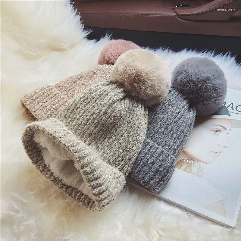 

Ball Caps Autumn Winter Warm Women Hat LadyThread Knitted Plus Fur Ribbed Beanie Chapeau Bonnet, Grey