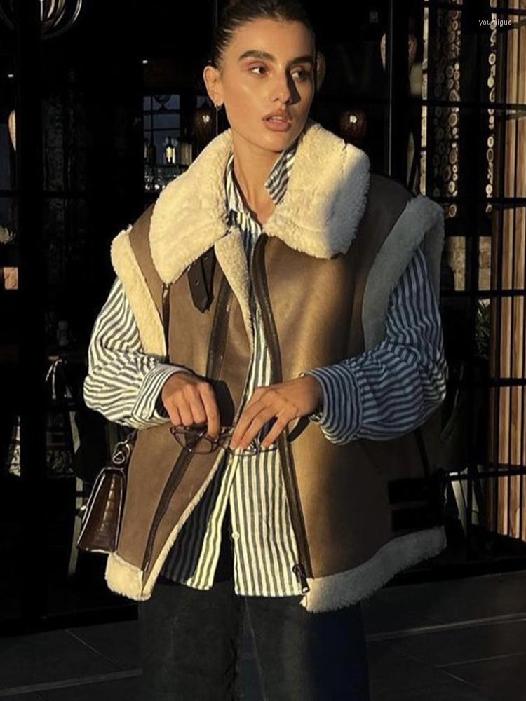 

Women's Vests LY VAREY LIN Autumn Winter Moto Biker Fake Suede Fur Vest Women Fashion Sleeveless Faux Lamb Leather Jacket Thick Warm Coat, Brown