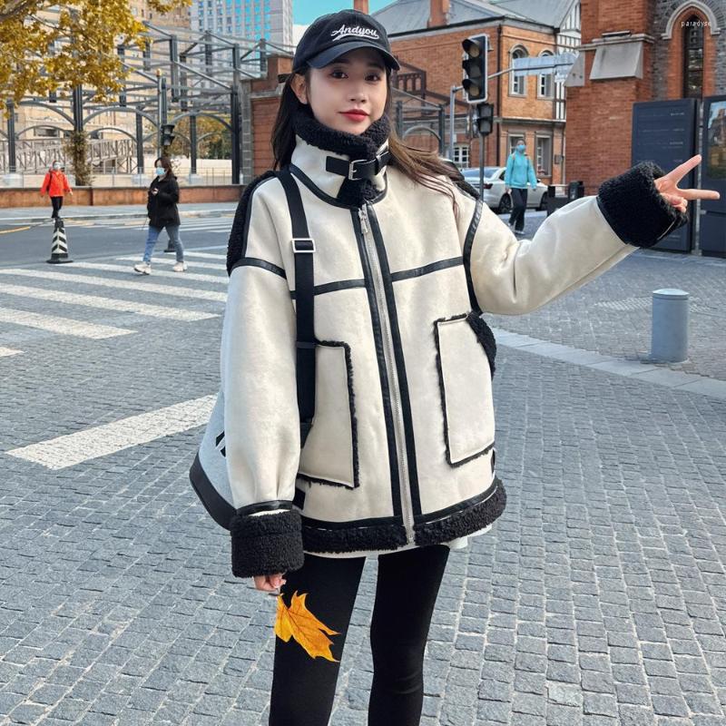 

Women' Fur Fashion Suede Coats Motorcycle Lamb Wool Jackets Winter Imitation Women Color Splicing Korean Casual Warm Thick, Color of picture