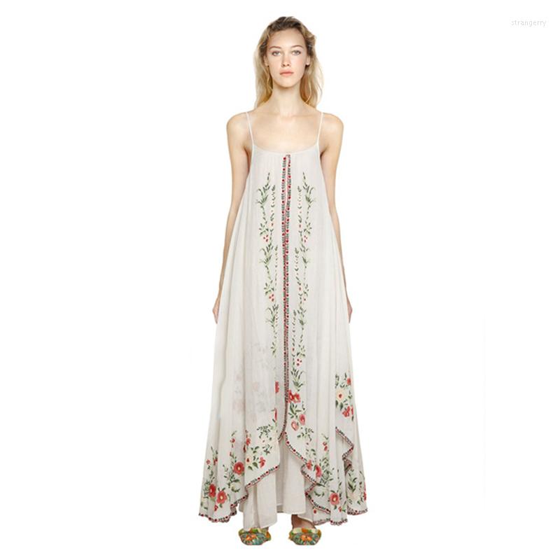 

Casual Dresses Floral Embroidery Women Dress Double Layer Split Summer Sling Boho Romantic Backless Soft Cotton Long Vestidos, Beige