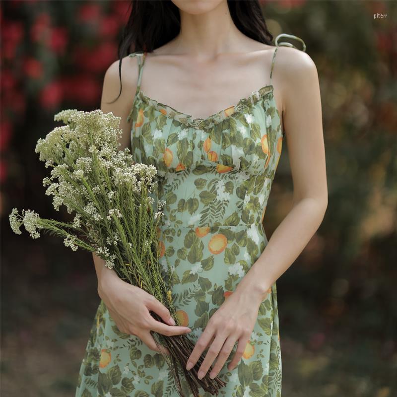 

Casual Dresses Sexy Floral Fairy Women Summer Elegant Long Evening Vacation Dress Vintage Beach Backless Print Party Strap 2022, Green strap dress