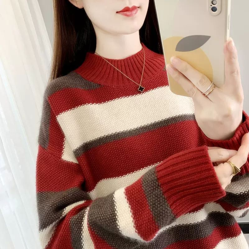 

Women s Sweaters Basic Striped Sweater Women Mock Neck Top Autumn Winter Pullover Simple Casual Bottoming Knitted Shirts Velvet Warm Jumper 221206, Navy not support velvet