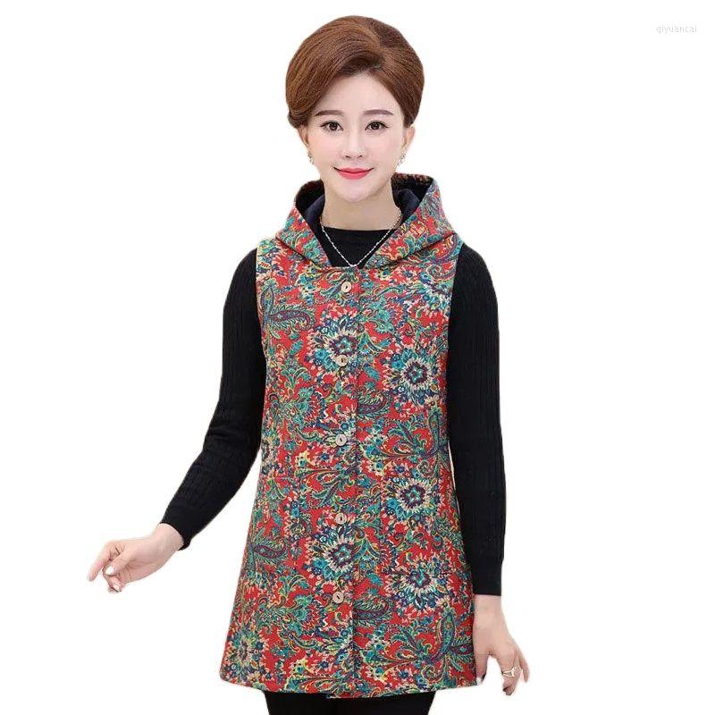 

Women's Vests 2022 Autumn Winter Vest Jacket Mother's Wear Cotton Waistcoat Coat Women Mid-Long Hooded Printed Warm Outerwear Female, Blue