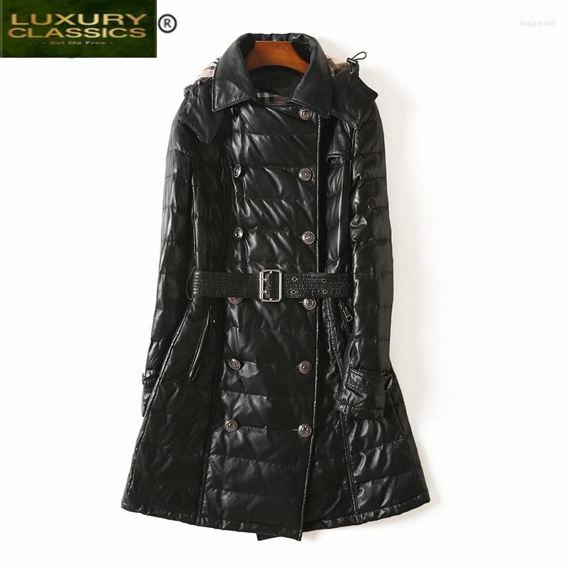 

Women's Leather Down Real Coat Female Genuine Duck Jacket Women Natural Long Windbreaker Jackets Coats, Black