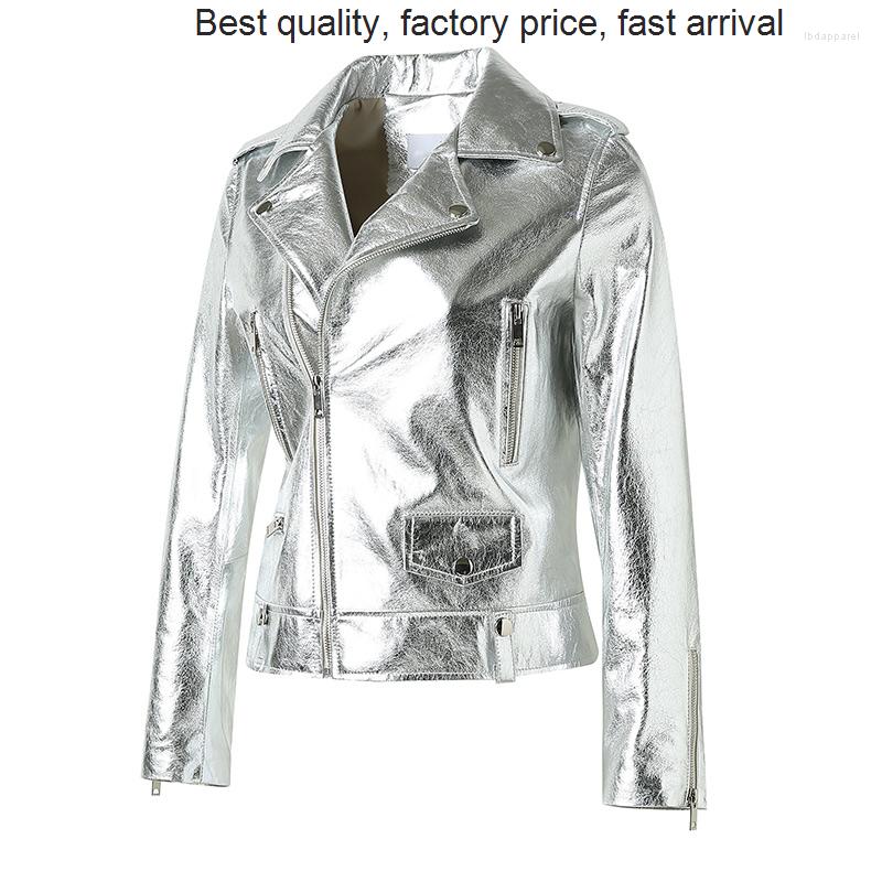 

Women's Leather High Quality 2023 Lady Silver Jackets Motorcycles Real Sheepskin Windproof Solid Reflective Short Biker Coa, Black