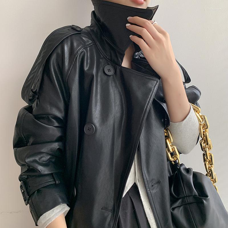

Women's Leather 2022 Chaqueta Cuero Moto Mujer Spring Women's Retro Motorcycle Jacket Mid-Length Slim And High-End Pu Coat, Black