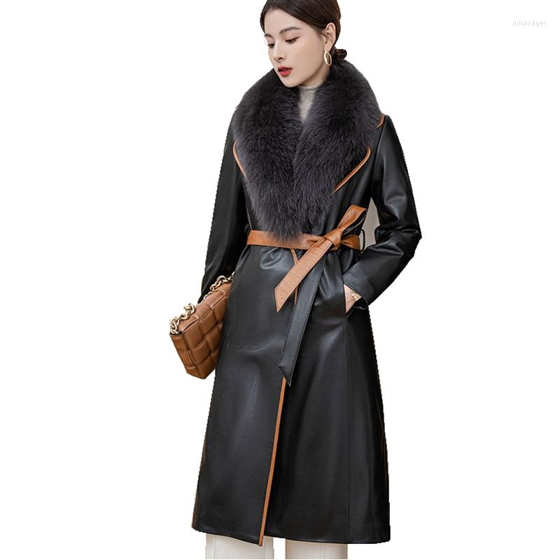 

Women's Leather Genuine Sheepskin Suede Trench Coat Fur Collar Winter Women X-Long Suit LF2215NDN, Black