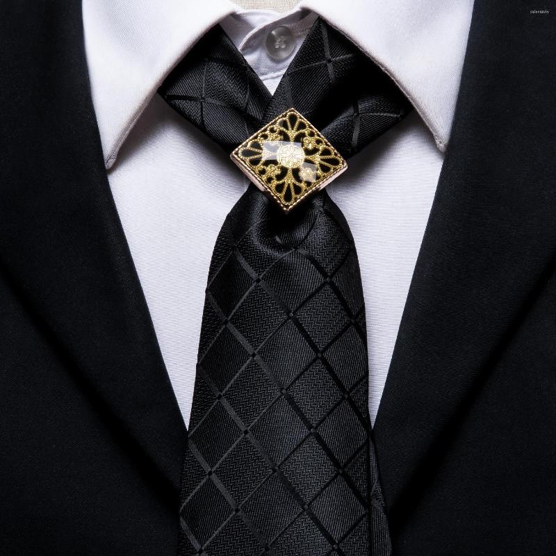 

Bow Ties Hi-Tie Black Plaid Men's Tie Set Silk For Men Gold Ring Fashion Design Hanky Cufflinks Wedding Quality Necktie