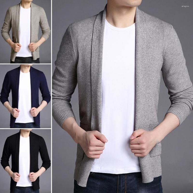 

Men's Sweaters Men Sweater Coat Solid Color Long Sleeves Cardigan Stretchy Open Stitch Soft Turn-down Collar Jacket, Black