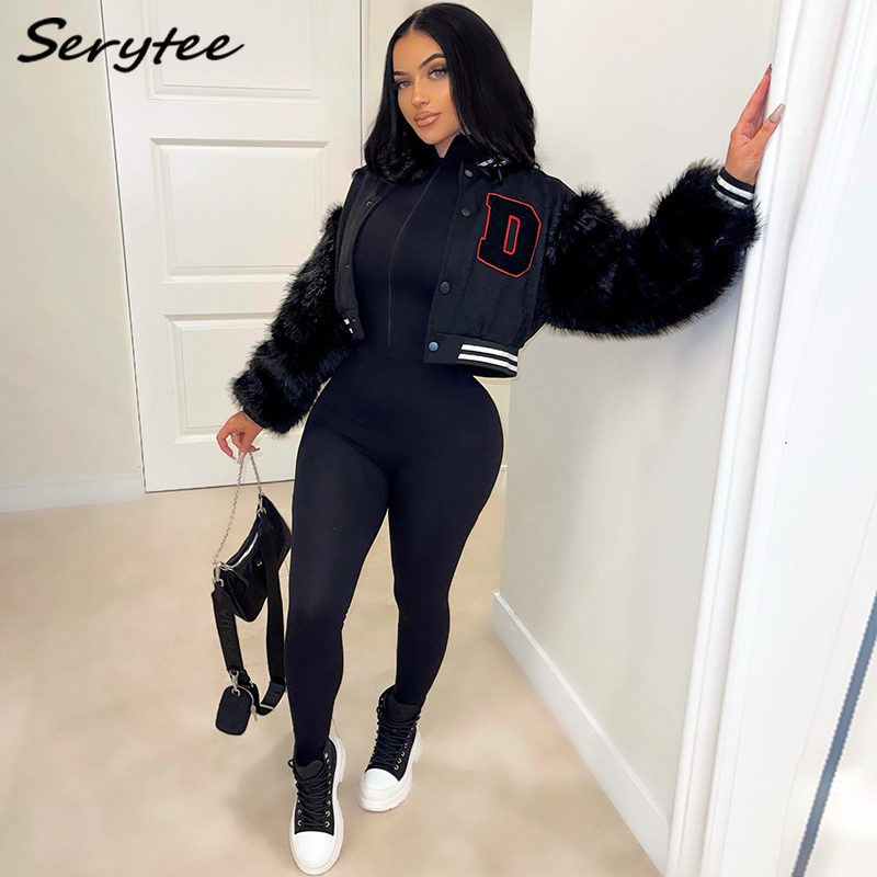 

Serytee Baseball Faux Fur Patchwork Fall Winter Jacket Women' Outerwear 2022 Letter Pink Crop Top Jackets Coats Outfits Clothing Streetwear Clothing