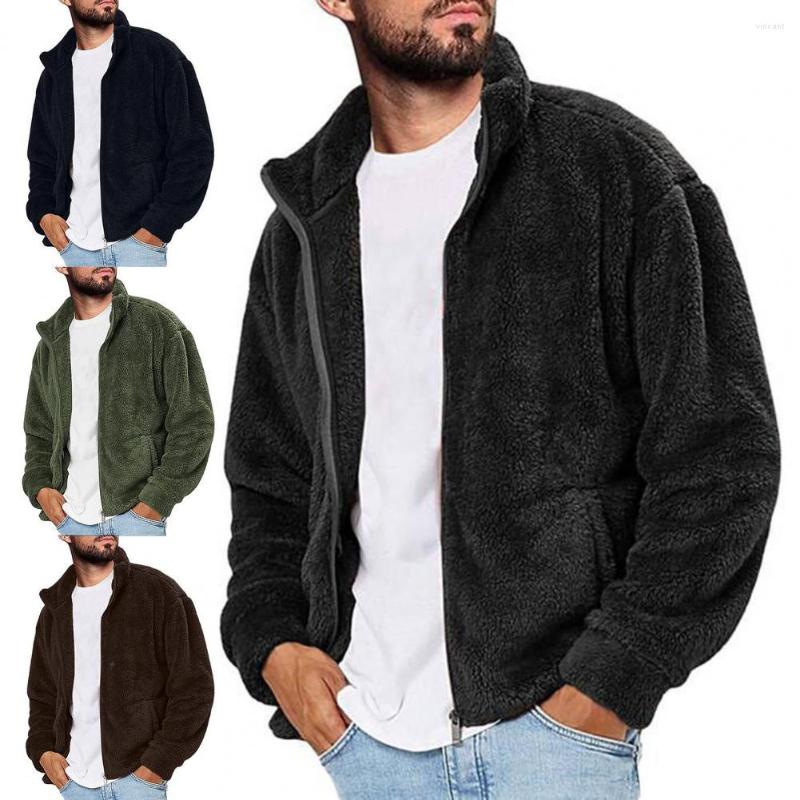 

Men's Jackets Men Coat Turtleneck Zipper Closure Fluffy Jacket Double Sided Velvet Outerwear Solid Color Pockets, Black