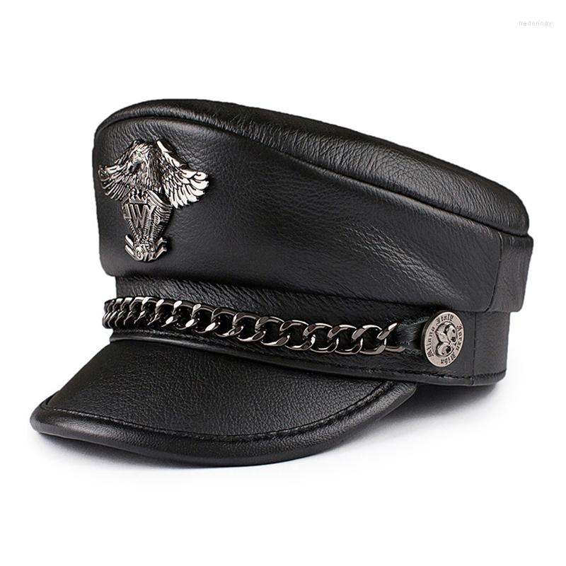 

Berets Exclusive German Military Cap Man Genuine Leather Flat Top Hat Korean Fashion Eagle Mark Chain Punk Locomotive Casquette Male, Brown