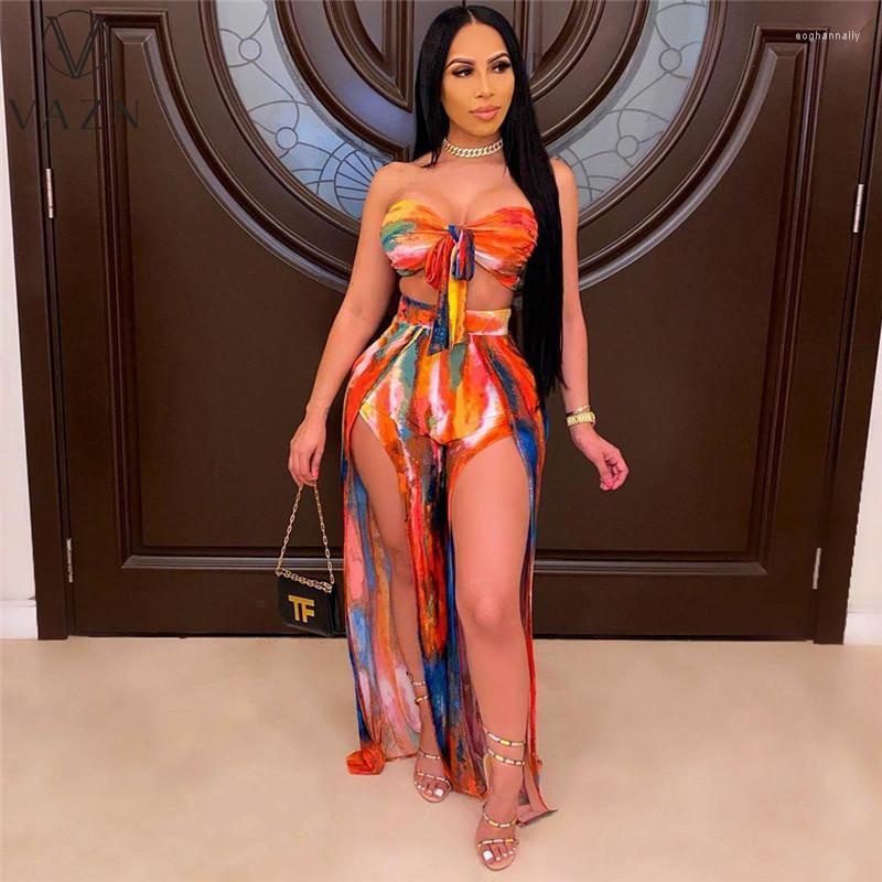 

Women' Tracksuits VAZN 2022 Summer Sleeveless Strapless Colorful Boho Print Skinny Bandage Bodycon Suits 2 Piece Set Sport Women Top And