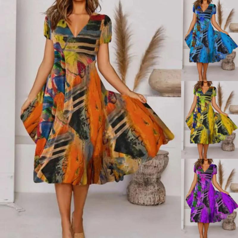

Party Dresses Women Fshion Holiday Style Vintage Long Skirt Loose Casual V-neck Big Swing Bohemian High Waist Short Sleeve Evening Dress, Blue