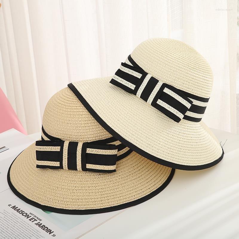 

Wide Brim Hats Simple Foldable Floppy Girls Bow Straw Hat Sun Beach Women Summer UV Protect Travel Cap Lady Female, White
