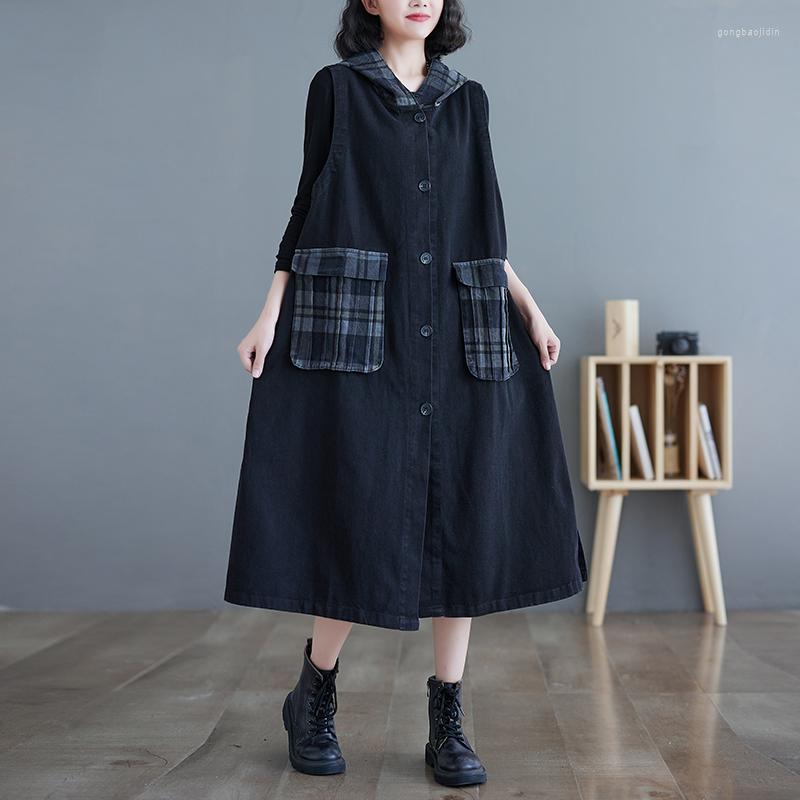 

Women's Vests Vintage Fashion Denim Women's Windbreaker Patchwork Plaid Pocket Female Trench Coats 2022 Autumn Vest Hooded Jacket Top, Black