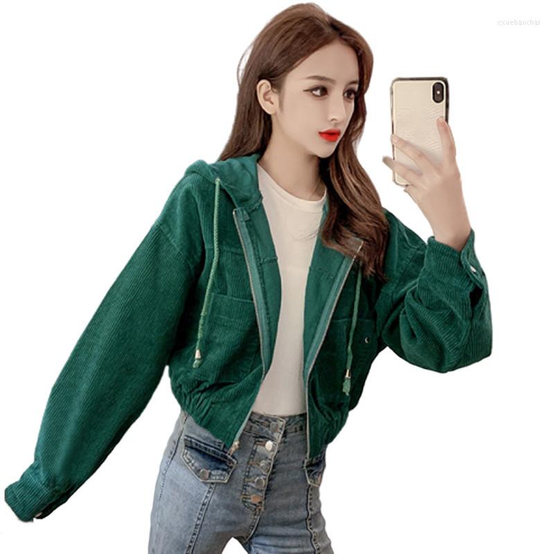

Women' Jackets 2022 Women Spring Autumn Jacket Short Casual Slim Corduroy Coat Female Zipper Hooded Coats Streetwear Yellow Green