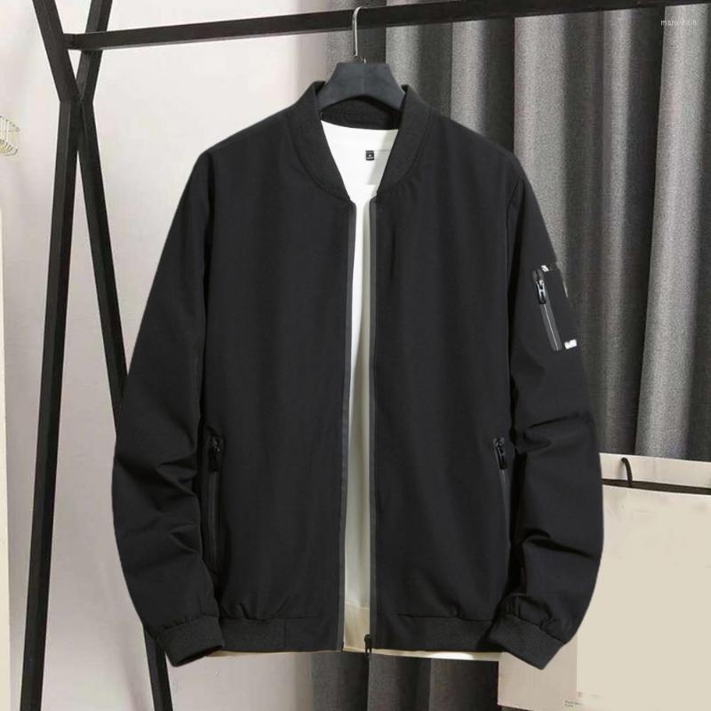

Men's Jackets Men Jacket Solid Color Zipper Long Sleeves Autumn Elastic Cuff Stand Collar Warm Coat Casual Spring For Work, Black