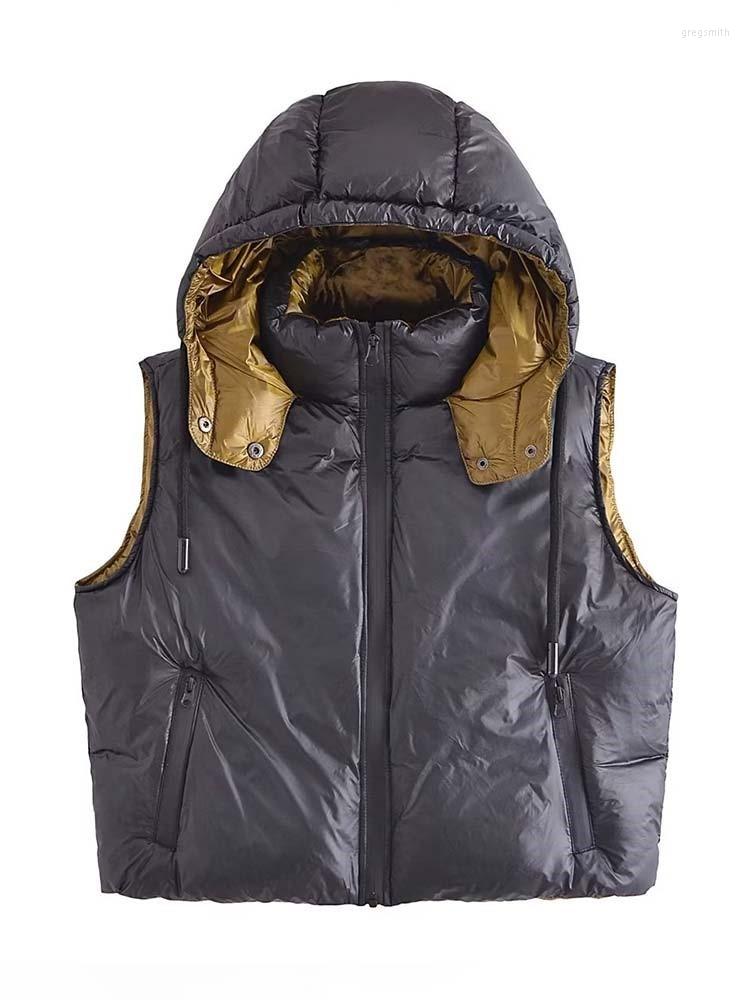 

Women's Vests SheBlingBling 2022 Autumn Women Black Jacket Face Hooded Zipper Drawstring Tie Cotton-Padded Female Chic Fashion