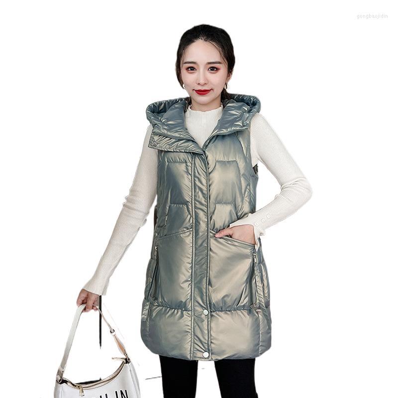 

Women's Vests FairyNatural Long Jacket Female Hooded Slim Warm Zipper Vest Black White Pink Green Women Pockets Down Cotton Bodywarmer Coat
