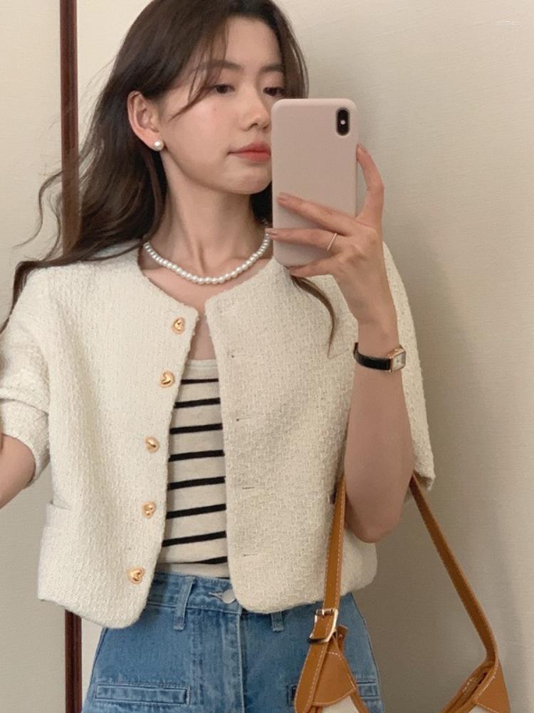 

Women's Suits 2022 Summer Temperament Thousand Gold Thin Tweed Woven Small Fragrance Style Short Top Love Button Jacket Coat, Black