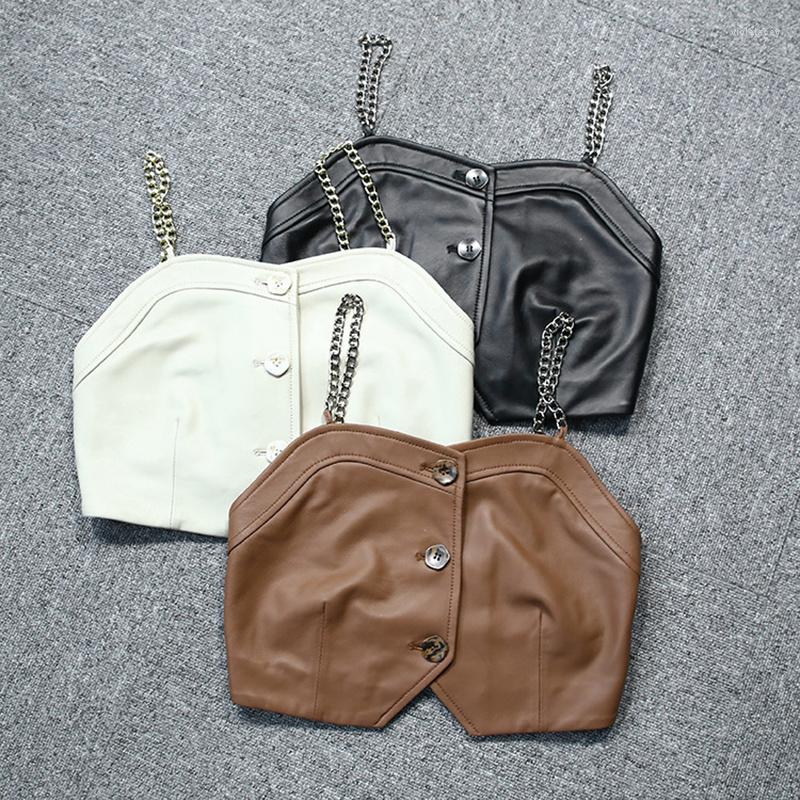 

Women's Vests Gilet Spring Leather Femme Chain Sling Elastic Tube Top Women Natural Sheepskin Korean Style Outerwear Camisole Wholesale, Black