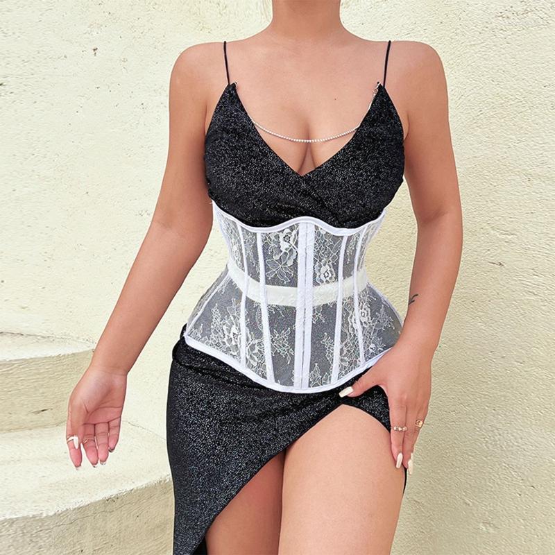 

Belts Sexy Mesh See Through Tube Top Corset 2022 Women Floral Cummerbunds Strap Lace Up Club Party Crop Slimming Waistband, White