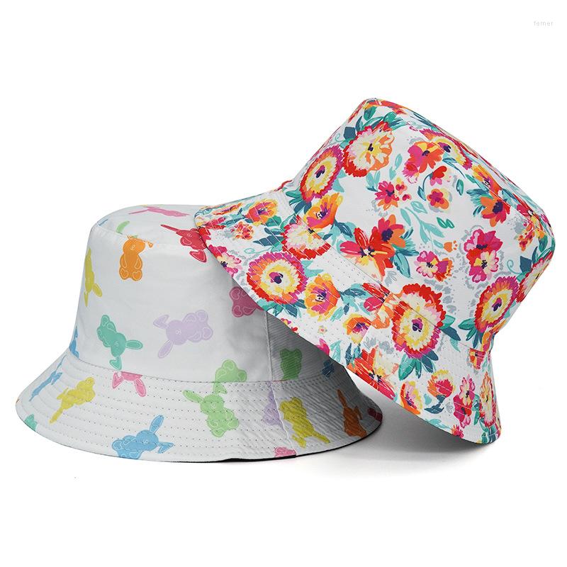 

Berets Reversible Bucket Hats Floral Print Sunscreen Men Women Bob Panama Hat Cotton Fashion Anti-sun Hip Hop Fisherman Cap, Flowers