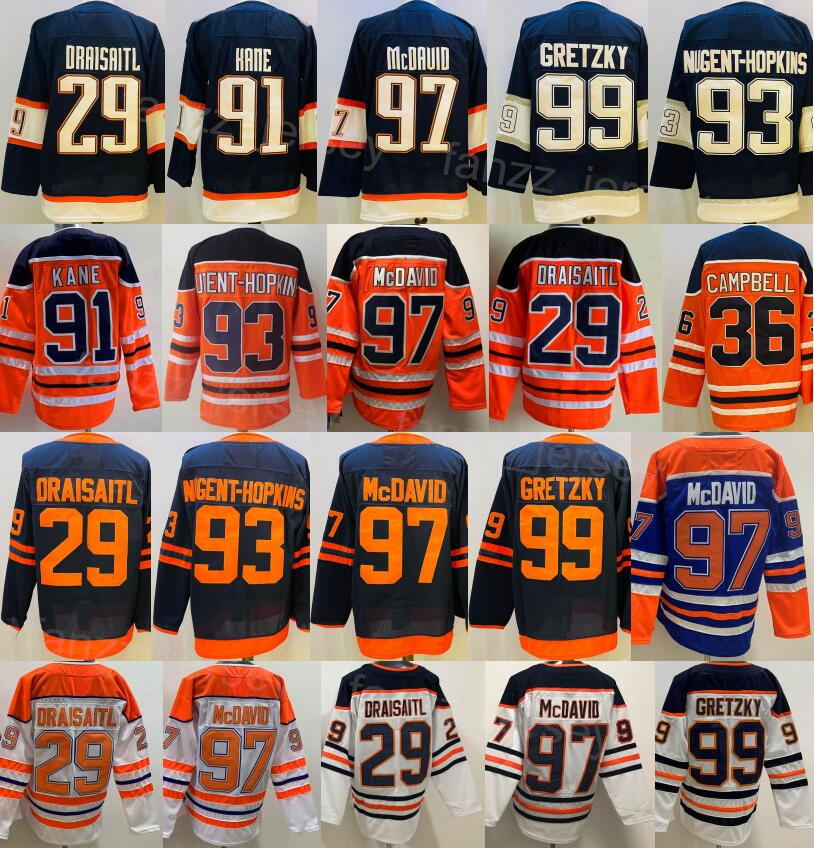 

2023 Reverse Retro Hockey 97 Connor McDavid Jerseys 99 Wayne Gretzky 29 Leon Draisaitl 93 Ryan Nugent-Hopkins 36 Jack Campbell Stitched Team Blue White Orange Sport
