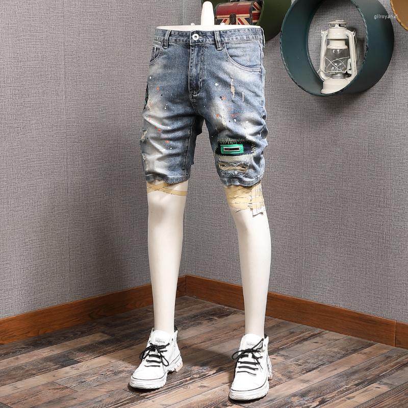 

Men's Shorts Ripped 2023 Summer Patch Denim Men Fashion Embroidery Jeans Casual Light Blue Short Pants