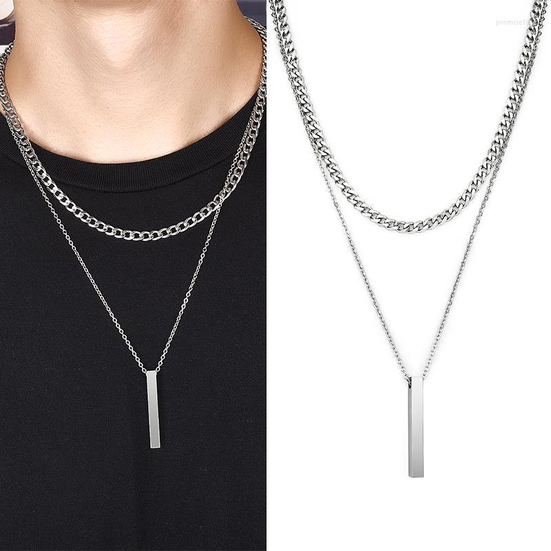 

Pendant Necklaces 3D Vertical Bar For Men Two Layer Stainless Steel Geometric Snake Chain Cuban Fashion Necklace