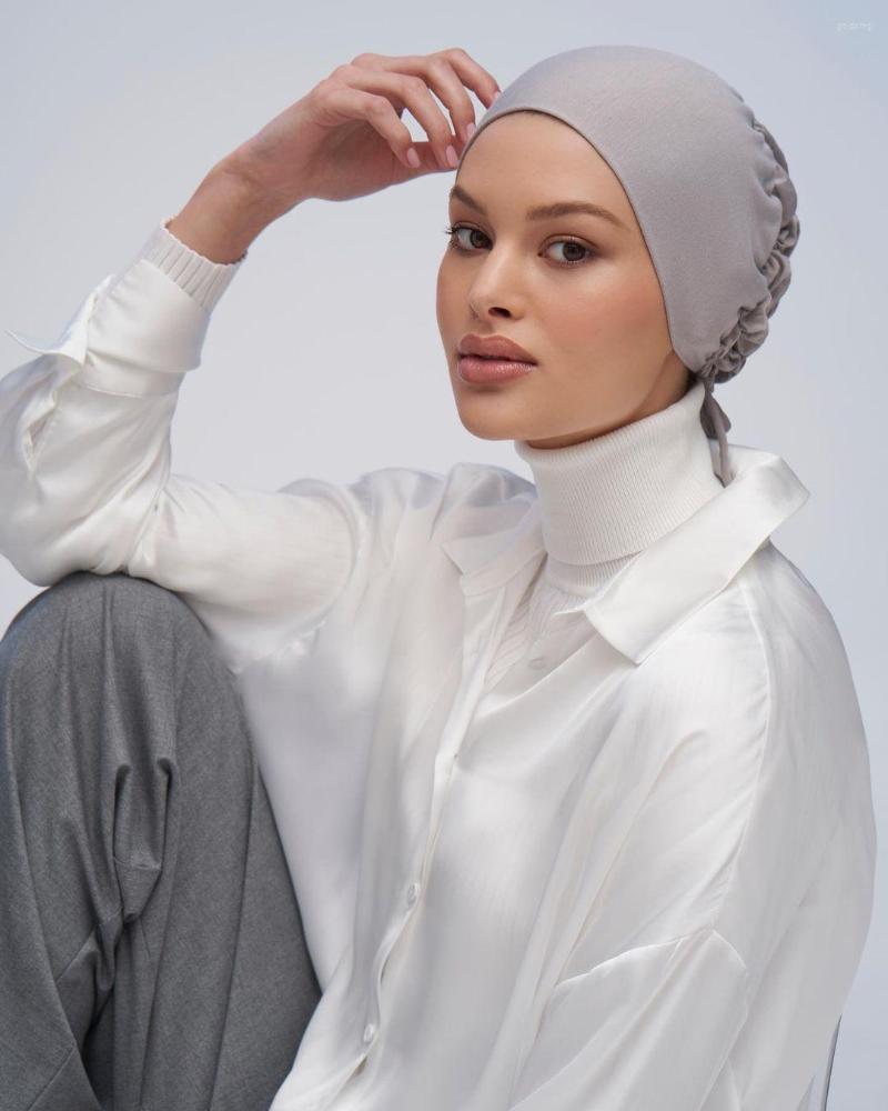 

Ethnic Clothing Fashion Muslim Hijab Cap Women's Ruffled Stretch Cotton Under Scarf Turban Caps Tie Strap Lining Satin Silk Islam Headscarf